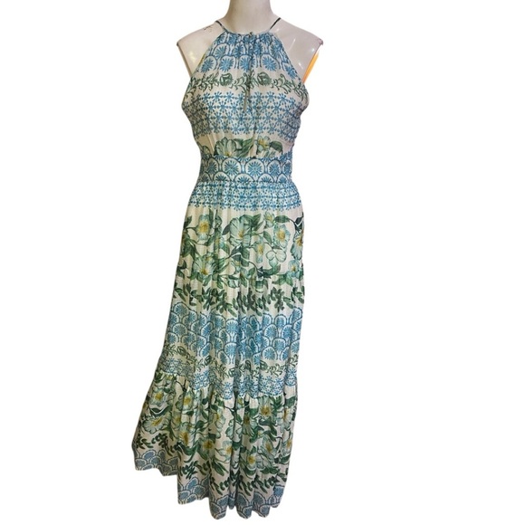 Eliza J Blue and Green Halter Maxi Dress with Ruffled Tiers 4 - Picture 2 of 12